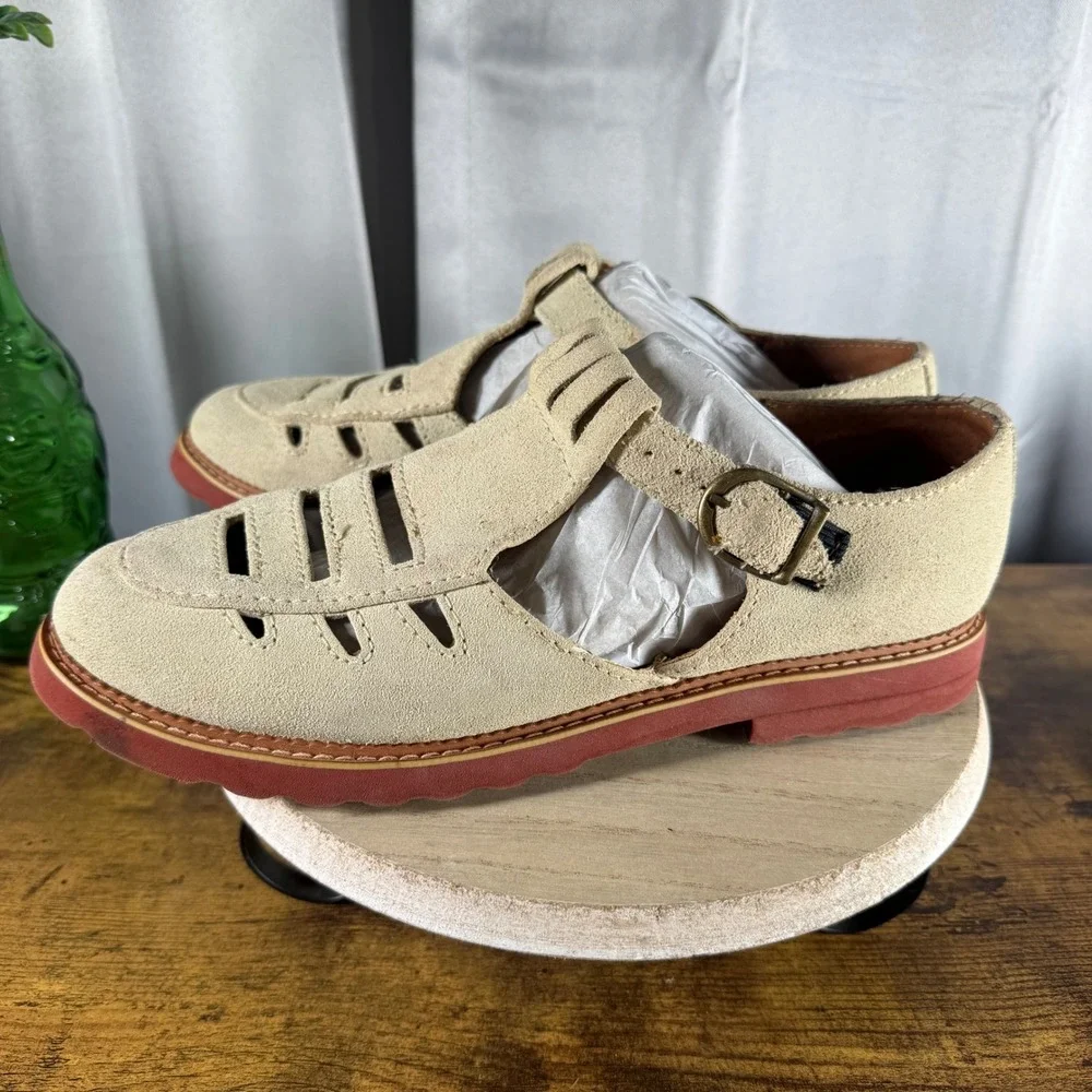 Esprit Balboa T-Strap Fisherman Style Oxfords 10 Tan Suede Red Sole Vtg 90s RAE